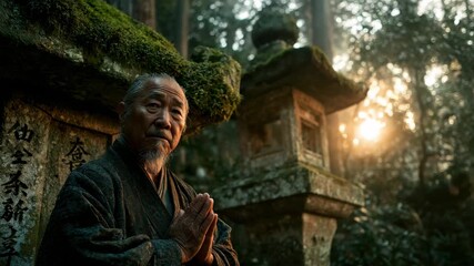Elderly man in traditional clothing prays in serene forest during golden hour at historic shrine with moss-covered stone lanterns - Powered by Adobe