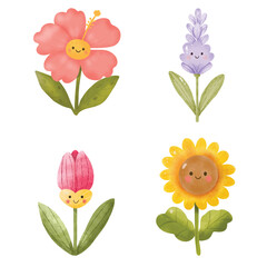 Cute Smiling Spring Flowers Set