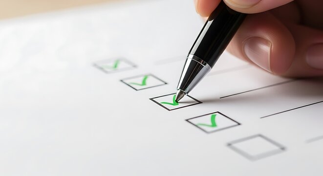 Closeup of a hand holding a pen and marking a checkbox on a white paper with a green checkmark, signifying completion or agreement