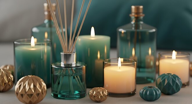 A serene arrangement of teal glass bottles, diffusers, and lit candles, creating a calming and aromatic atmosphere for relaxation and wellness