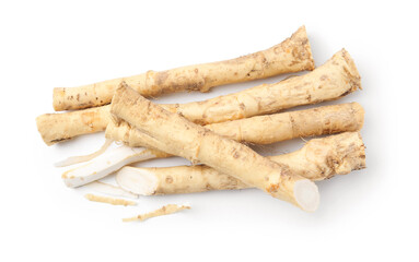 Fresh raw horseradish roots isolated on white, top view