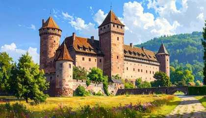 A majestic stone edifice, surrounded by lush green foliage and a vibrant meadow under a cerulean sky. A bridge extends to it