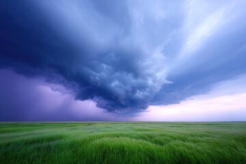 Obraz premium Dramatic Sky over Green Field: A powerful thunderstorm brews over a vast green field, creating a captivating scene where the dark, ominous clouds meet the vibrant, wind-swept landscape