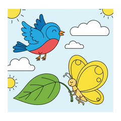 Cheerful Cartoon Bird and Butterfly with Leaf - Cute Nature Scene for Spring, Outdoors, and Children's Illustrations