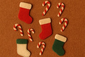 Festive felt stockings candy canes background