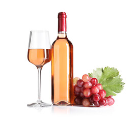 Obraz premium Luxurious rose wine in bottle, glass and grapes isolated on white