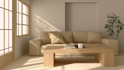 Beige living room with wooden furniture and a plant.