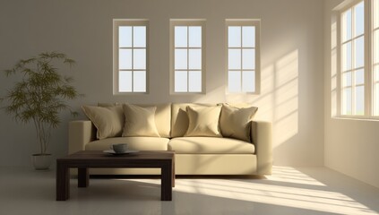 Beige couch and coffee table in a sunlit room.