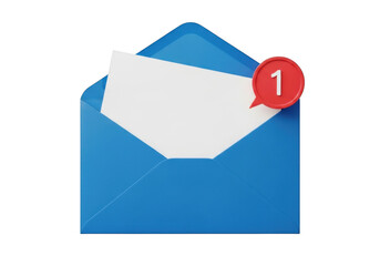 Blue open envelope with notification badge isolated on white background