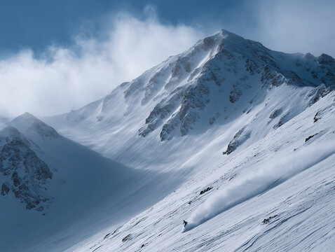 Lone skier descends vast snowy mountain slope surrounded by dramatic misty peaks. - Powered by Adobe