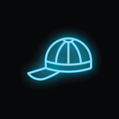 Fototapeta premium Blue neon sign illustrating a classic baseball cap, glowing on a dark background