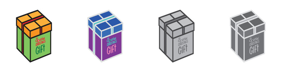 A wrapped gift box with tag reading “Season’s Gift” in festive style. Multiple style vector.