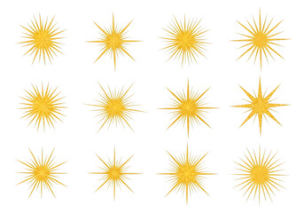 Collection of golden starbursts and sunbursts isolated on white background