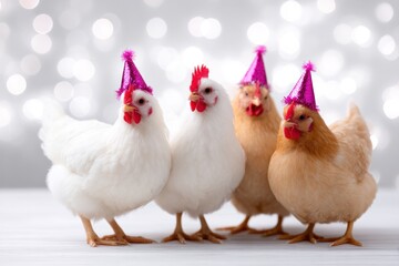 Festive Fowl Friends: A charming gathering of chickens adorned with party hats, captured against a shimmering backdrop, ready to celebrate.