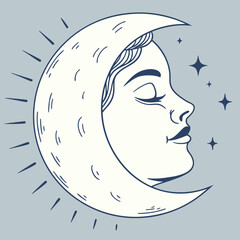 Crescent Moon Face with Stars and Rays Illustration corner soft
