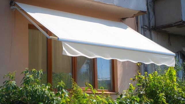 Modern cream retractable awning extends over home patio. Protects from strong sun, providing cool comfort on bright summer day. Outdoor sunshade covers terrace. House wall, window, green plants