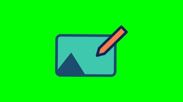 Creative graphic of photo editor symbol showing simple landscape thumbnail with bold outline and angled orange pencil element