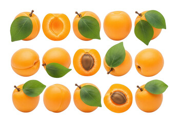 Fresh apricots with leaves isolated on white background