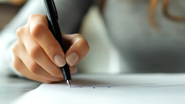 A hand holds a black pen, writing on white paper, close-up with light background