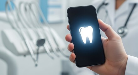 A dentist holding a smartphone displaying a glowing tooth icon, representing dental technology and digital health applications
