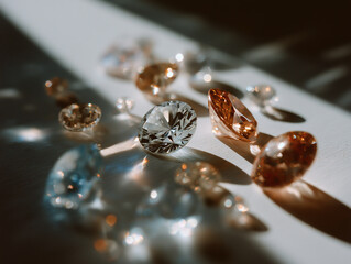 Assorted faceted gemstones including diamonds and colored crystals sparkle with brilliant reflections.