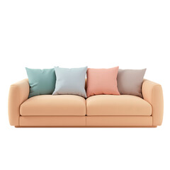 Fototapeta premium Comfortable peach sofa with four decorative pillows isolated on transparent background