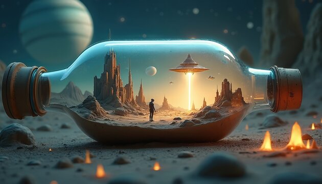 Surreal sci-fi scene of world in bottle on alien planet. Human silhouette watches UFO and futuristic city from sandy desert. This miniature universe rests under starry sky with giant planet.