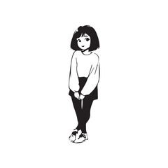 Beautiful Kawaii Girl Black and White Vector Illustration in Cute Simple Line Art Style