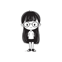 Beautiful Kawaii Girl Black and White Vector Illustration in Cute Simple Line Art Style
