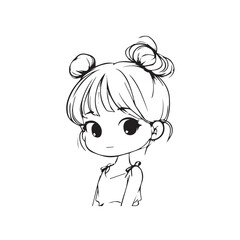 Beautiful Kawaii Girl Black and White Vector Illustration in Cute Simple Line Art Style