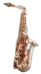 Naklejka premium A detailed studio photograph of a gleaming golden alto saxophone with intricate keywork isolated on a clean white background.
