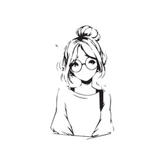 Beautiful Kawaii Girl Black and White Vector Illustration in Cute Simple Line Art Style