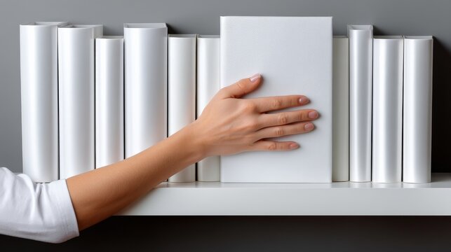 A hand arranging a decorative white book on a shelf featuring several white books against a neutral background - Powered by Adobe