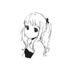 Beautiful Kawaii Girl Black and White Vector Illustration in Cute Simple Line Art Style