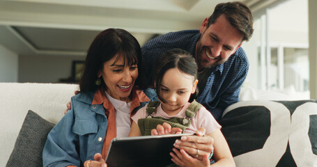 Tablet, relax and parents with kid on sofa in home for playing educational video game on app....