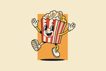 Retro Cartoon Popcorn Character Dancing Joyfully.