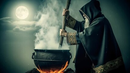 Man in wizard robe stirring smoking cauldron under full moon. Yule pagan holiday ritual for magic or potion making. - Powered by Adobe