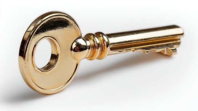 A gleaming golden antique key with an intricately designed bow sits against a clean white backdrop, highlighting its metallic sheen and detailed craftsmanship.