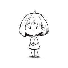 Beautiful Kawaii Girl Black and White Vector Illustration in Cute Simple Line Art Style