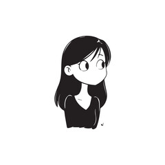 Beautiful Kawaii Girl Black and White Vector Illustration in Cute Simple Line Art Style