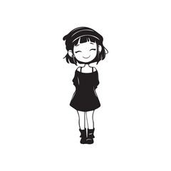 Beautiful Kawaii Girl Black and White Vector Illustration in Cute Simple Line Art Style