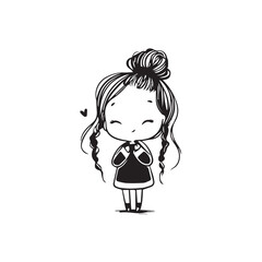 Beautiful Kawaii Girl Black and White Vector Illustration in Cute Simple Line Art Style