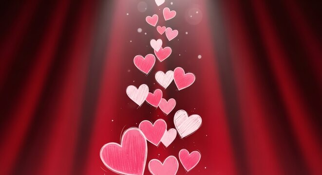 Pink hearts falling against red background - Powered by Adobe