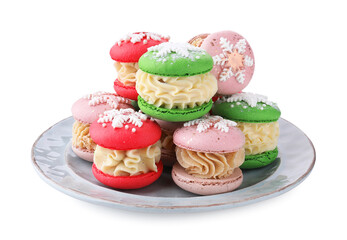 Festively decorated macarons isolated on white. Christmas treat