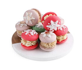 Festively decorated macarons isolated on white. Christmas treat