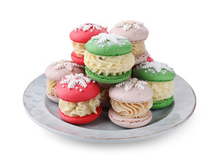 Festively decorated macarons isolated on white. Christmas treat
