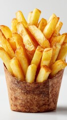 Crispy golden brown french fries are presented in a textured cup, highlighting their texture and appeal.