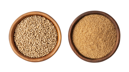 Whole bajra grains with bajra powder overhead side by side on transparent background