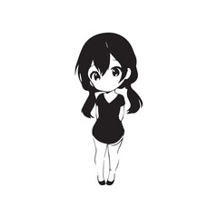 Beautiful Kawaii Girl Black and White Vector Illustration in Cute Simple Line Art Style
