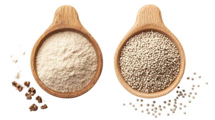 Whole bajra grains with bajra powder overhead side by side on transparent background